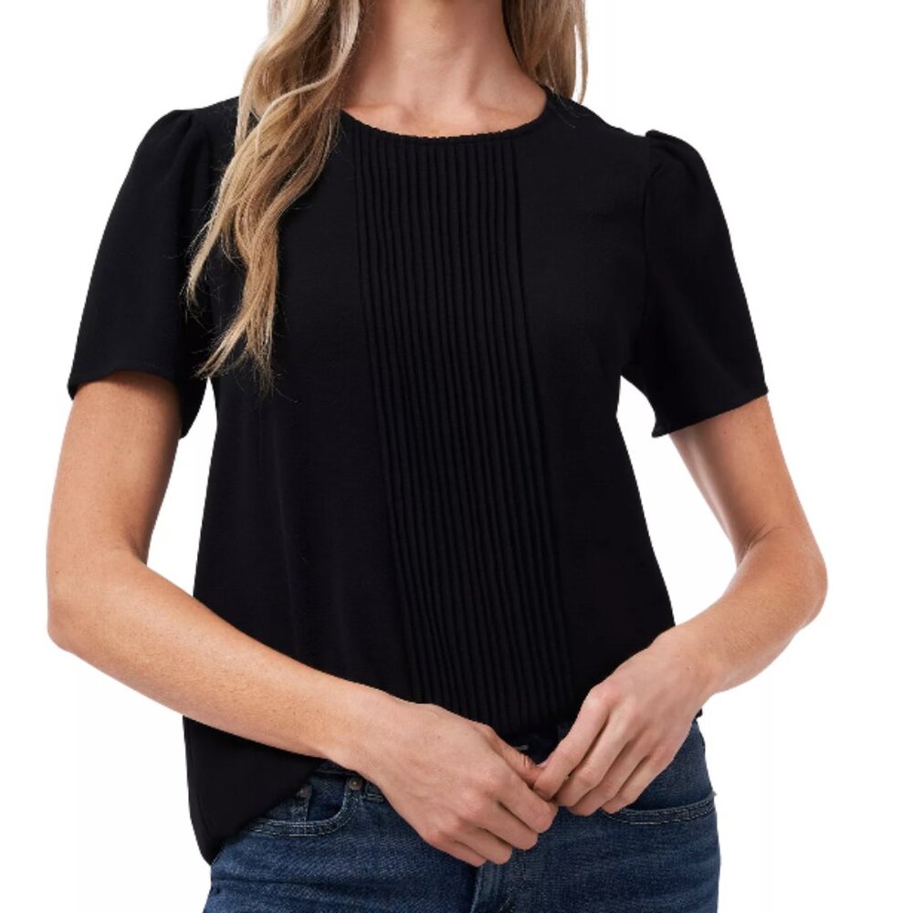 Cece Pintucked Front Short Sleeve Crew Neck Blouse - Black - Medium